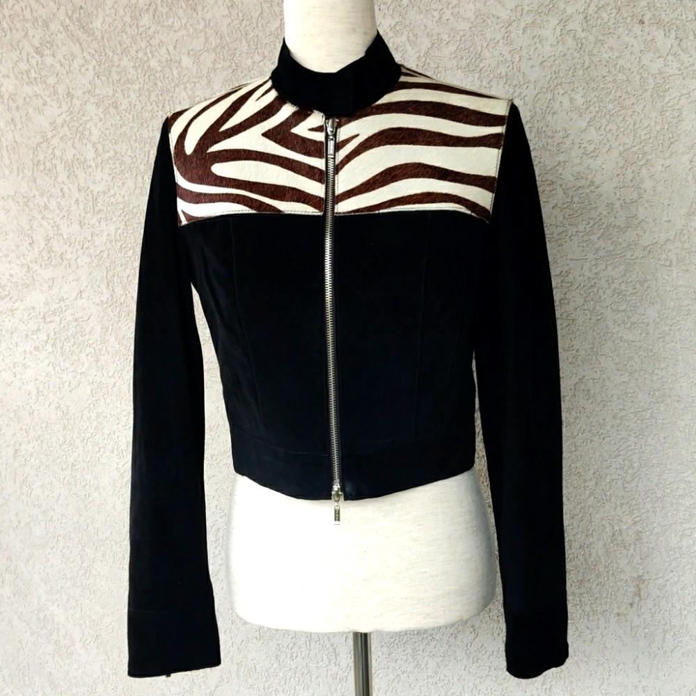 bebe Black Suede and Zebra Print Hair jacket.
